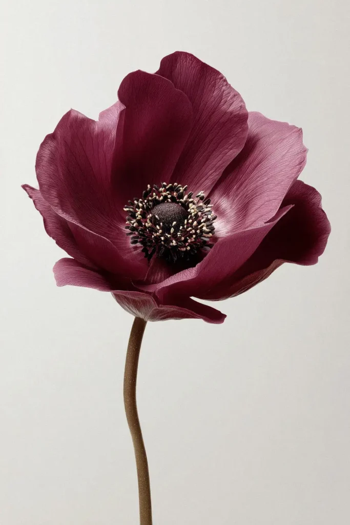Dunkelrote Mohnblume vor grauem Hintergrund